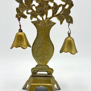 Vintage Brass Etched Flower Vase Shapewith Double Bells Accent